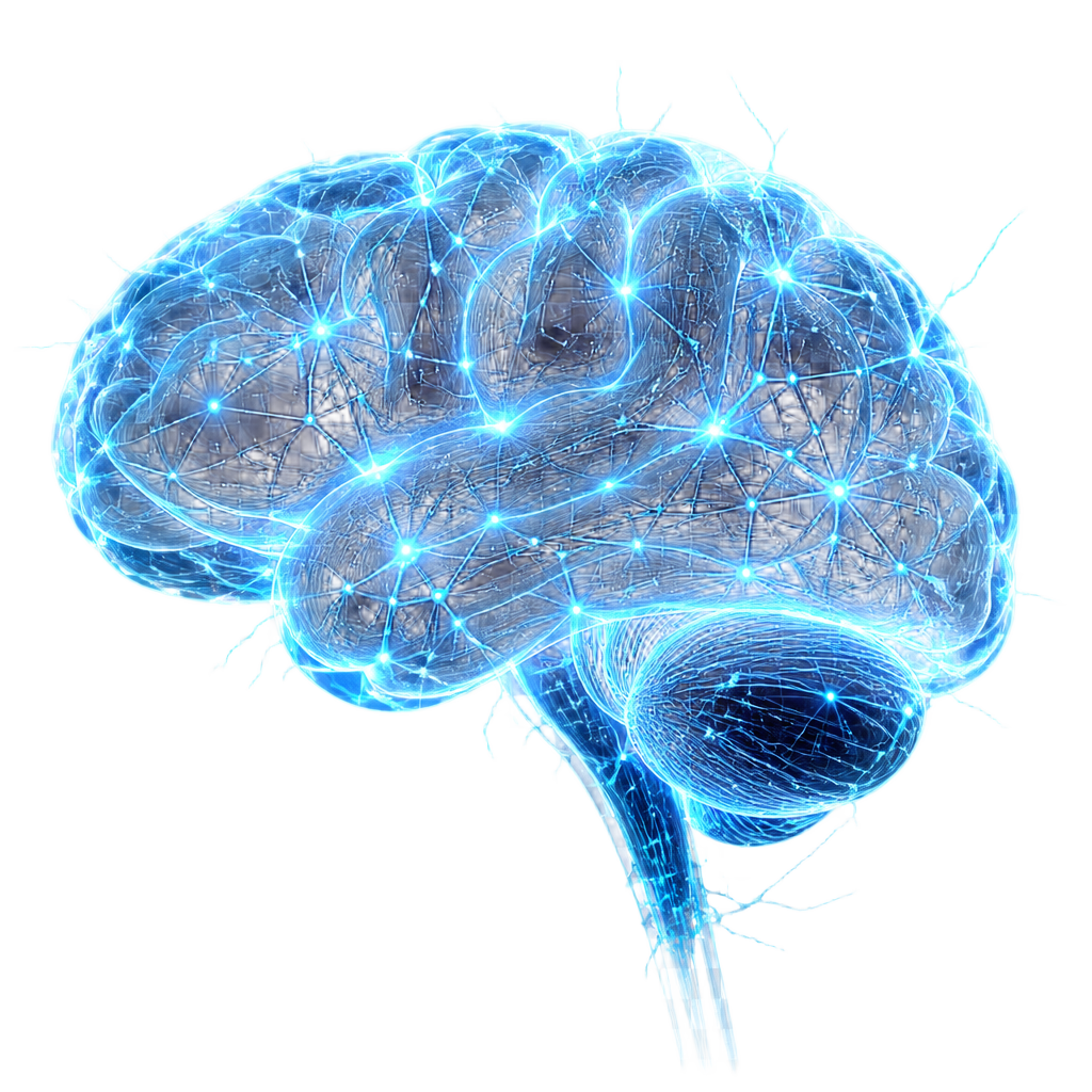 Wizualizacja rdzenia AI — świecący mózg neuronowy